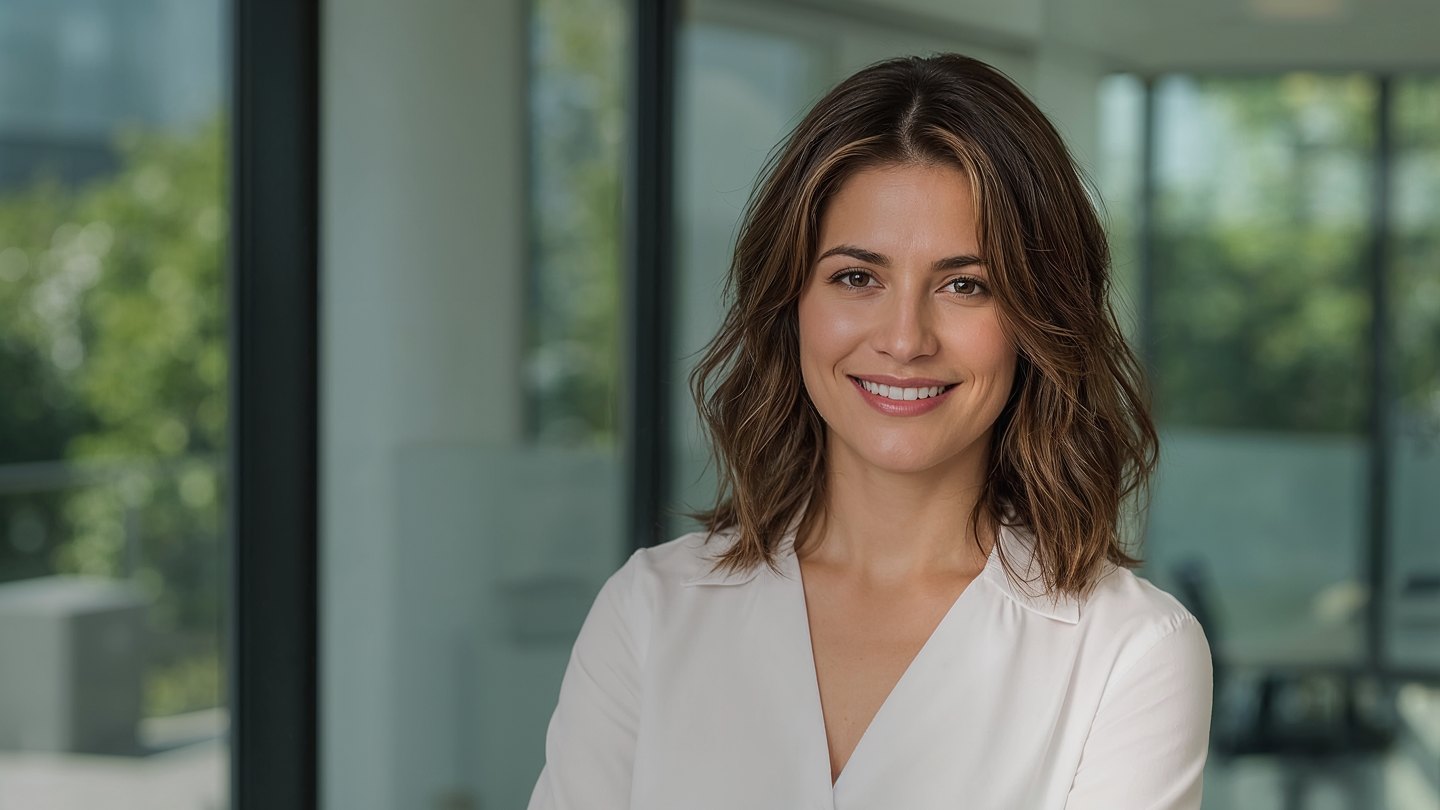 Médica sorrindo em um consultório moderno